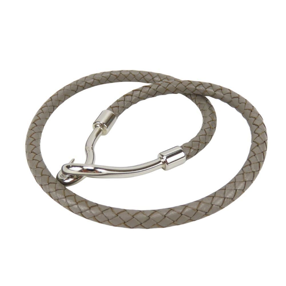 Hermes Jumbo Bracelet, Leather, Metal, Gray, Silver Hardware, Double Braided,...